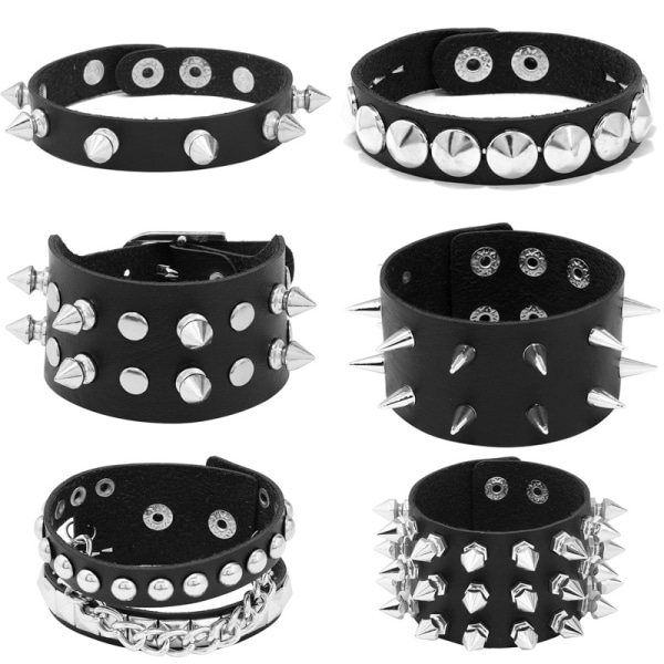 6 stk lær studded punk armbånd for menn, kvinner, 80-talls studded armbånd, gotisk punk rock armbånd, studded studded bangle, unisex metall, for H