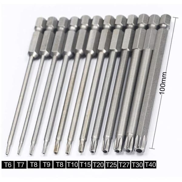 11 Dele Lang Torx Skruetrækker Bitsæt - Magnetiske Bits - 1/4\" Hex Skaft - Størrelser T6 til T40 - 100mm Længde