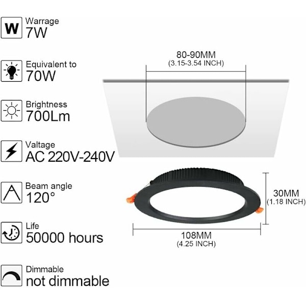 Ekstra flad sort indbygget LED spot, 10 pak 7W, IP44, 3000K varm hvid, AC 220-240V, 7-8,5cm udskæring, Ultraslank Rund Nøgle Loft til Badeværelse, Køkken, S
