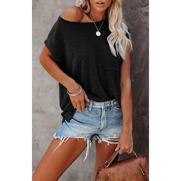 Kvinders Casual Cap Sleeve T-shirts Basic Sommer Toppe Løs Ensfarvet Bluse med Lomme(L)