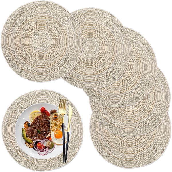 36cm (Beige) Plassmatter, Runde Plassmatter PP Flettet Sett med 6 Vaskbar Varmebestandig Sklisikker