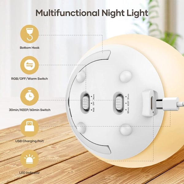 Genopladelig sengelampe med USB, farverig PAT-lampe med en blød atmosfære, berøringskontakt og timer til soveværelset