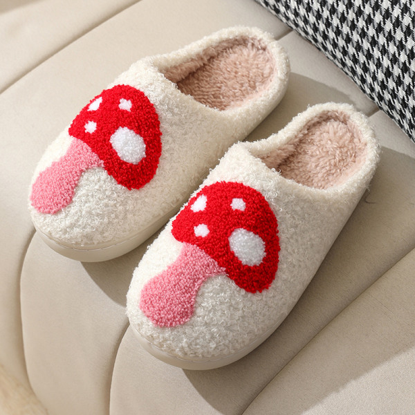 Sopp tøfler kvinners fluffy retro myk plysj hjemmesko fluffy slip-on komfortable innendørs utendørs tøfler 24,5 cm