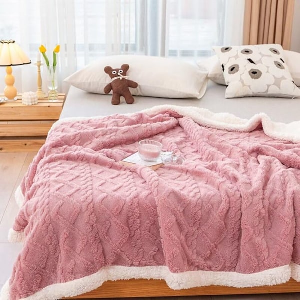 Tykt, mykt, varmt og mykt fleecepledd, dobbeltsidig reisepledd for vinteren, for sofa, høstpledd, julepledd (rosa, 100 x 150 cm)