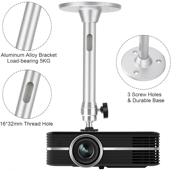 Tak- og veggprojektorbrakett, universell miniprojektorfeste 360° roterbar, egnet for hjemmekinosystem, sikkerhetskamera, belastning 5 kg