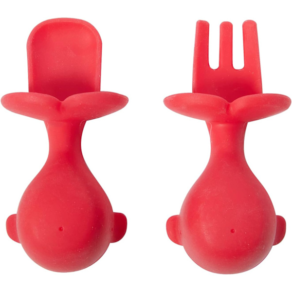 Röd baby sked gaffel set, baby sked lärande bestick BPA-fri enkel grepp självdriven lärande redskap för småbarn barn (rosa)