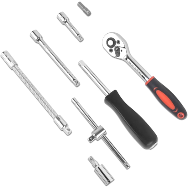 46-delt 1/4\" skraldenøkkelsett med bits og metriske forlengelsesstenger med reversibel skralle for bil, sykkel og motor