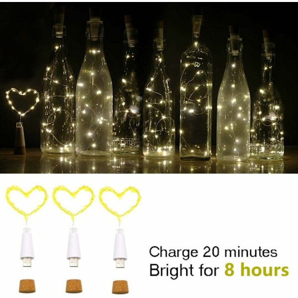 4 st LED-flaskkorksljus, USB-drivna uppladdningsbara, 1,9 m koppartråd med 20 LED-slingljus, för utomhusdekoration