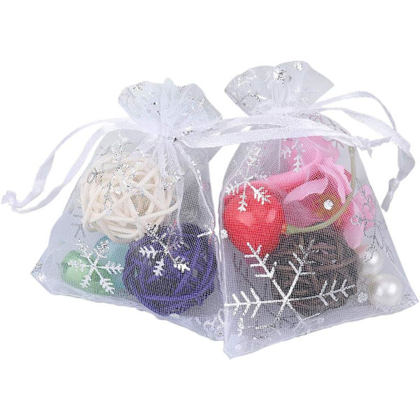 Organzaposer til jul, 100 stk. hvide organza gaveposer, 2,7'' x 3,5'' organzaposer med snørelukning til jul, bryllupsgaver, smykkeposer