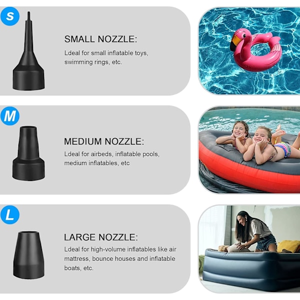 Elektrisk luftpump, elektrisk pump för uppblåsbara föremål, 150W poolpumpar, bärbara tömningspumpar med 3 munstycken för luftmadrass, simring