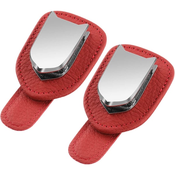 Solglasögonhållare Universal Bilsolskärm Klämma Läder Glasögonhållare för Bil, 2 Pack (Röd)