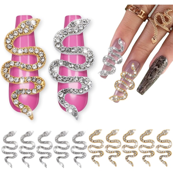 Guld/sølv - 10 stk. slangeformede nail art charms med rhinsten, guldneglestifter og diamantbølgeslangebånd til DIY neglekunst dekorationer