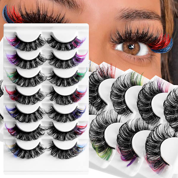 Färgglada och täta falska ögonfransar (7 färger) Naturliga 3D-fransar Cat eye-form Minkliknande fransar Fluffy strip
