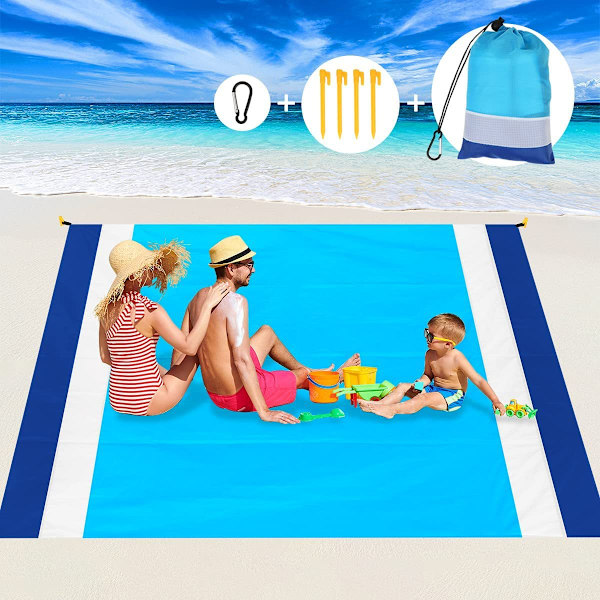 Strandmatte Piknikteppe for voksne 200 x 210cm, Strandteppe Sandfritt Vanntett, Strandteppe Ekstra Stor med Oppbevaringsport og 4 Faste Spiker f