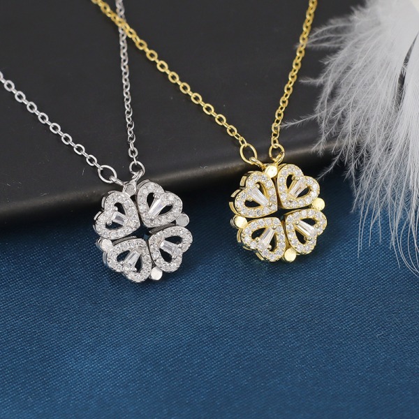 Micro set zirconia open and closed four leaf lucky straw pendant necklace love fold creative clasp chain silver