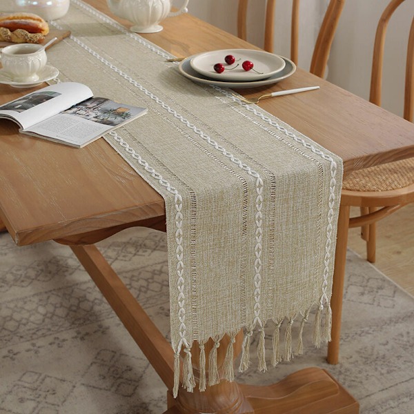 Rustikk linpute med pompom håndlaget, fast stil, 160 cm lang, for festlig og spisestue dekorasjon, 160x33cm