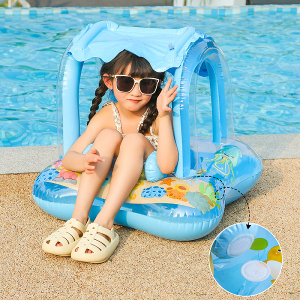 Barn simring (blå), uppblåsbar poolboj för barn, flytande simring med solskydd, baby poolstol för barn pojkar flickor