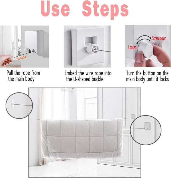 Retractable Clothesline - Invisible Wall Mount - Large Load Capacity - with Adjustable Stainless Steel Cord (Black)