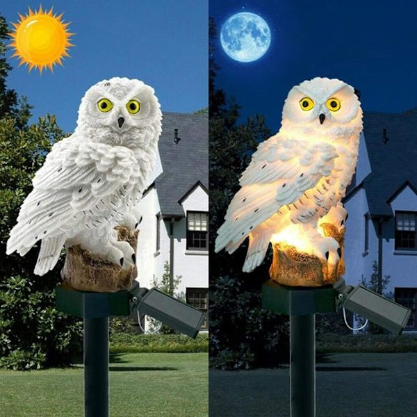 LED-hagelampe med realistisk ugle, vanntett solcellelampe, automatisk på/av for hage, hage, plen, hvit