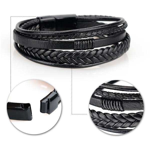 Fashion Läder Armband Män Rostfritt Stål Flerskikts Flätad Rep Armband Män Kvinnor Armband Smycken（Svart läder silver spänne）