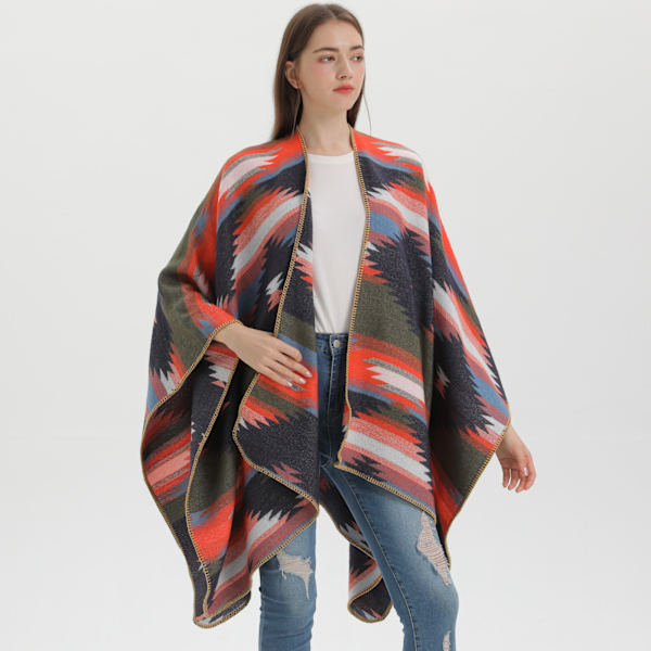 Slidset jacquard poncho fortykket varmt plys sjal wrap vinter varm poncho til kvinder