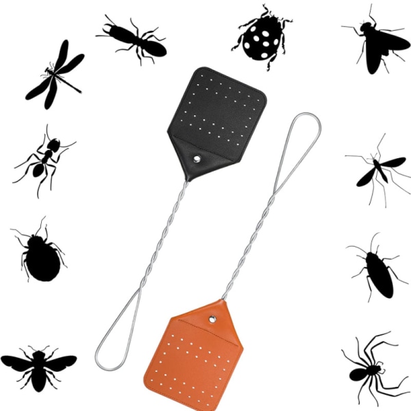 2-pack flugsmällare i läder - Flugsmällare med robust metallhandtag, rustik 17,5\" insektsdödare för flugor, bin och mer (Choc