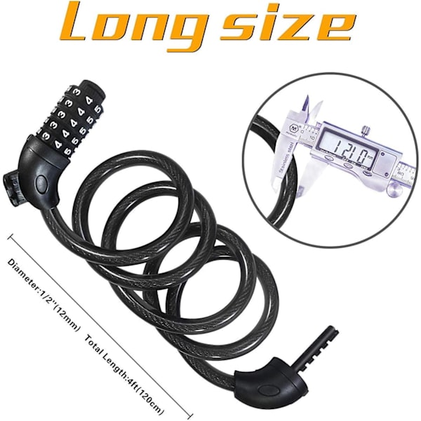 Sort cykel lås, cykel lås lang 120cm x 12mm, kabel lås til cykel scooter motorcykler cykel port med 5 cifret smart kode og klapvogn cykel, cykel lås
