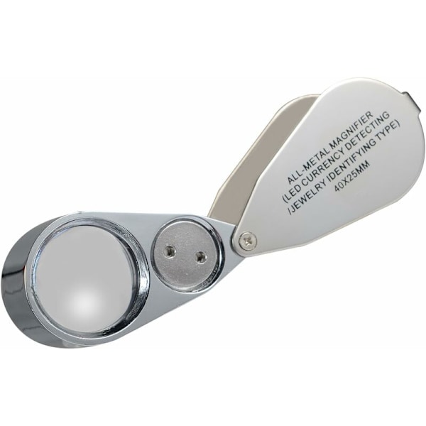 Förstoringsglas för juvelerare 40x hopfällbart metallförstoringsglas med LED UV-ljus för diamanter och juvelerare (valutaigenkänning/smycken)