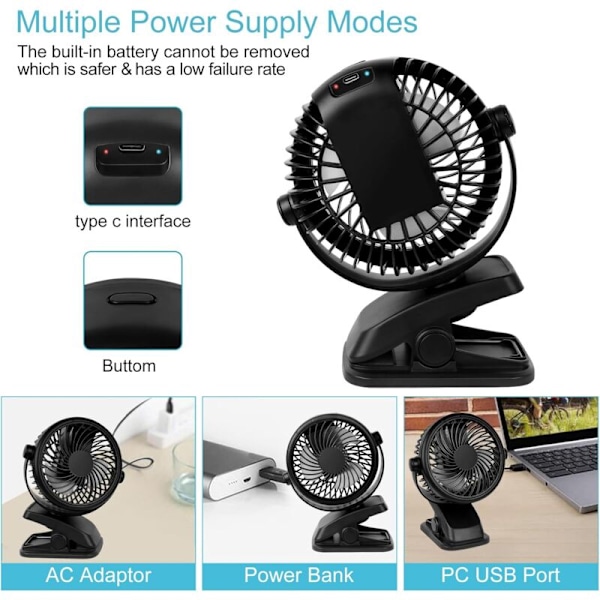Mini USB-fläkt, tyst bärbar fläkt med uppladdningsbart batteri, 3 hastigheter, 360 graders rotation för sovrum, kontor, barnvagn, campingplats