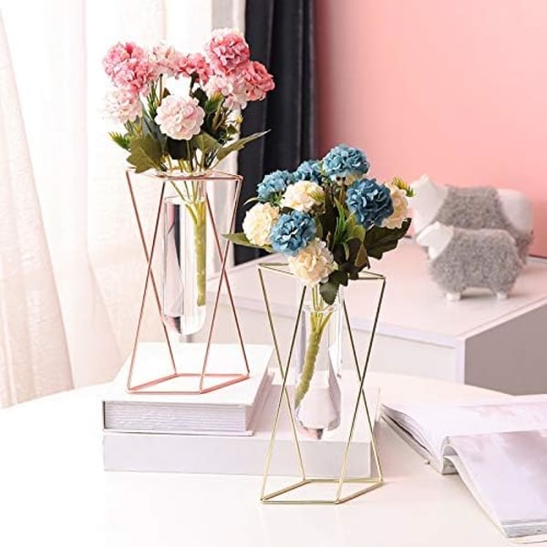 Glasvas med metallstativ, modern geometrisk skrivbordsvas i glas, lämplig för inomhus hydroponiska växter (roséguld, storlek S)