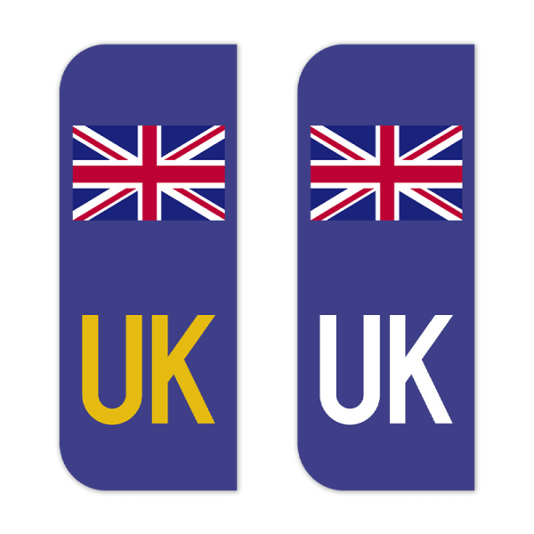 12 Iso-Britannian rekisterikilpitarraa | Eurooppalaiset tarrat (valkoinen + keltainen)
