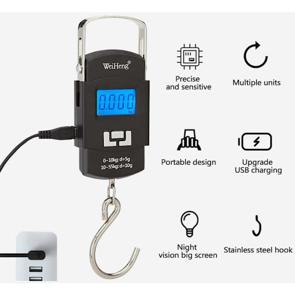 Elektronisk reisebagasjevekt, 55 kg oppladbar bærbar elektronisk vekt, LCD-bagasjevekt med uttrekkbart oppbevaringshåndtak, konvertering av flere enheter