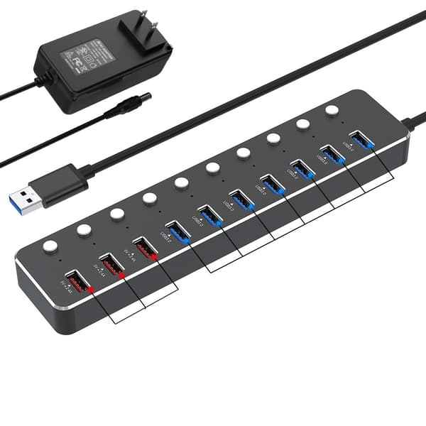 USB 3.0 Hub 10 portar Powered Multi Port USB med oberoende switch och 12V/2A strömadapter