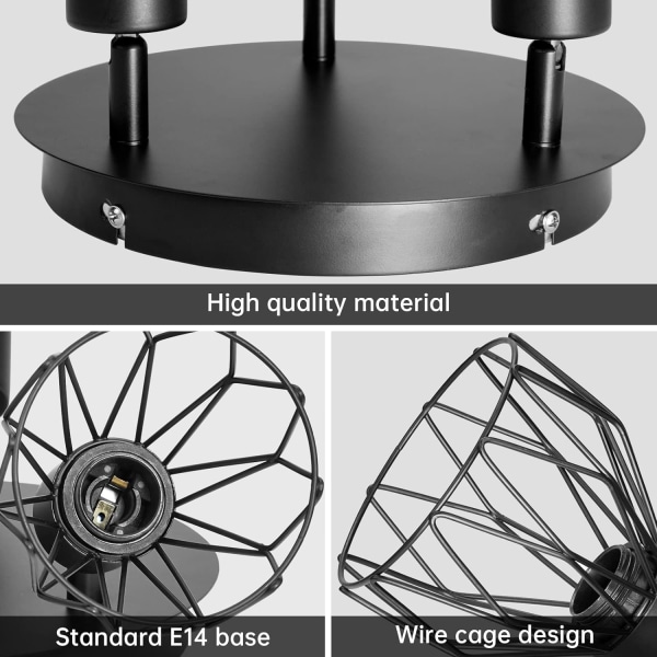 Justerbar takspotlight i metalltråd, kjøkkenspotlight i industriell stil med E14-sokkel, svart 3-veis taklampe