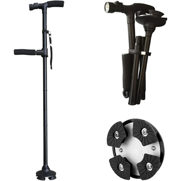 Svart - 1-delt sammenleggbar stokk, LED sammenleggbar stokk, gåstokk, ergonomisk gelhåndtak, enkel å brette - Designet for menn, kvinner, eldre.