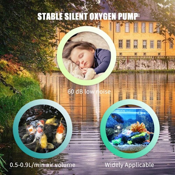 Solcelledamlufter 1.5W, 6V 0.5 L/Min - 0.9 L/Min, Plug-in Solcelleoksygenpumpe 3600 mAh, Akvariumlufter, Stille, med Luftsteinslange, for Dammer/Hage