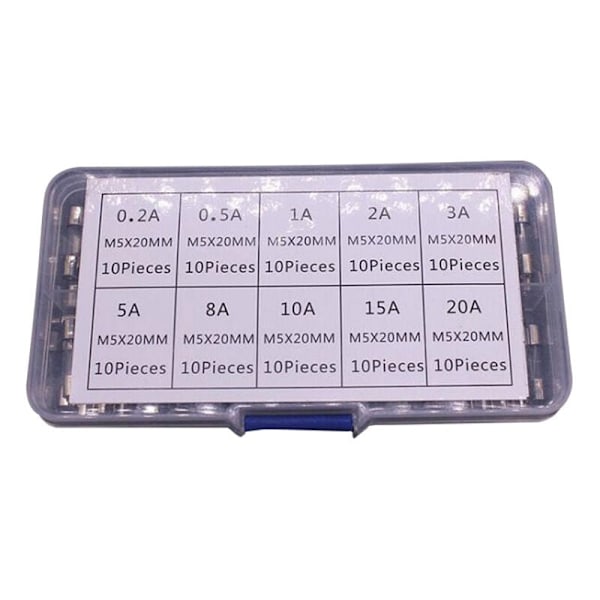 100 stk. Smeltesikring af glas, 5 x 20 mm 250V Sortiment af glassikringer 0,2A, 0,5A, 1A, 2A, 3A, 5A, 8A, 10A, 15A, 20A, Verre Verre Verre Frove til husholdningsbrug