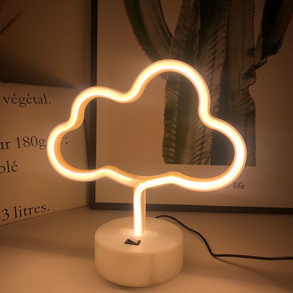 Molnformad neonlampa, varmvitt ljus, blad, moln, neon med USB/batteribas