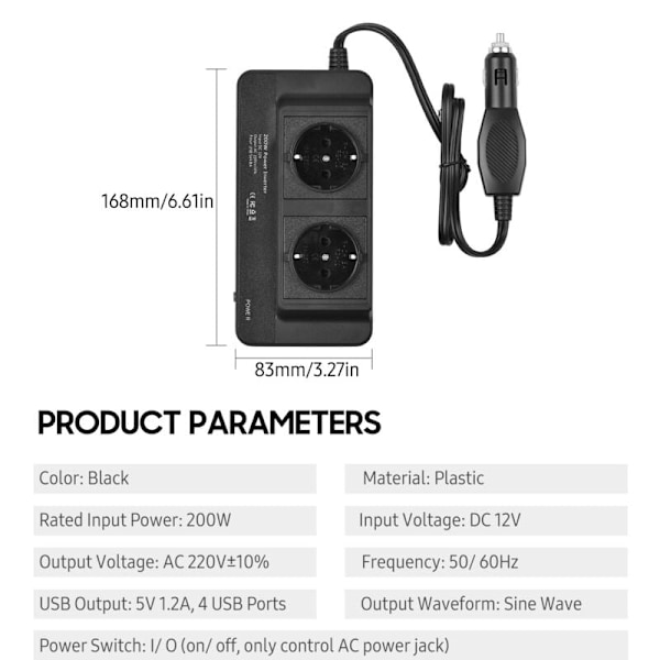 Bil strømomformer 200 W DC 12 V til AC 220 V med 2 CA 4 porte 4 porte USB tænd/sluk beskyttelse sikker beskyttelsesadapter til PortaBl telefon
