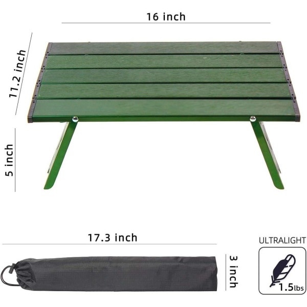Sammenleggbart strandbord i aluminium, bærbart campingbord, ultralett, grønt