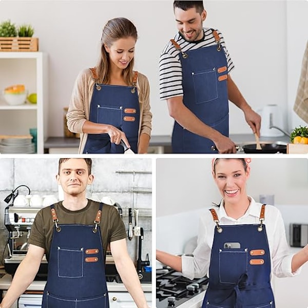 Kokkiessu Canvas-essu miehille ja naisille, jossa 3 taskua, ristiselkäinen kestävä työessu ruoanlaittoon, tummansininen