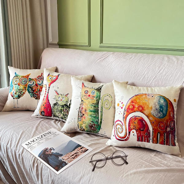 Set med 4 kuddfodral, kuddfodral 45x45 kuddfodral dekorativa soffkuddfodral för sovrum, soffa, stol, säng, trädgård (Djur-Linne)