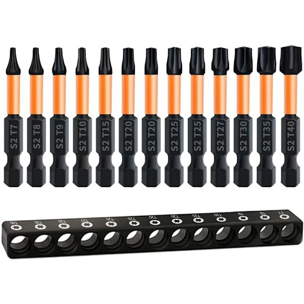 Erä 13 Torx-ruuvimeisselin kärkeä, pituus 50 mm, 1/4\" kuusiovarrella ja perusmuistilla, T7/T8/T9/T10/T15/T20/T25/T27/T30 // T35/T40