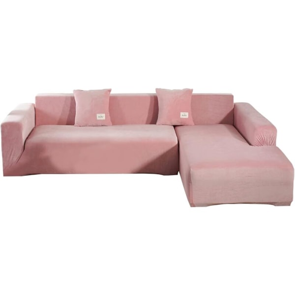 Sektionssofföverdrag 1 del i töjbar sammet i form av l-formad elastisk sofföverdrag med 2 örngott (rosa sammet)