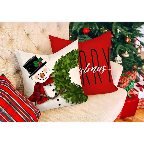 Røde juleputetrekk 18x18 4-pak Bondegårdsjul Julepynt Snømannkrans Julenisse Juletre God jul Kristtorn Feriedekorativ