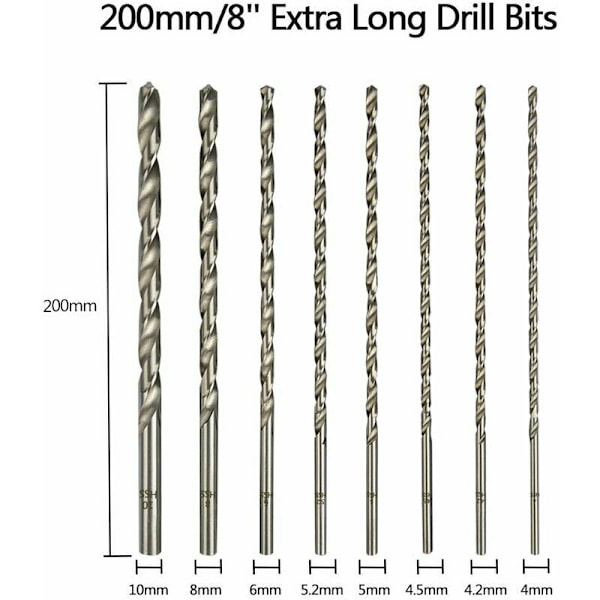 Sæt med ekstra lange bor 8 stk. 200 mm, diameter 4 mm, 4,2 mm, 4,5 mm, 5 mm, 5,2 mm, 6 mm, 8 mm, 10 mm