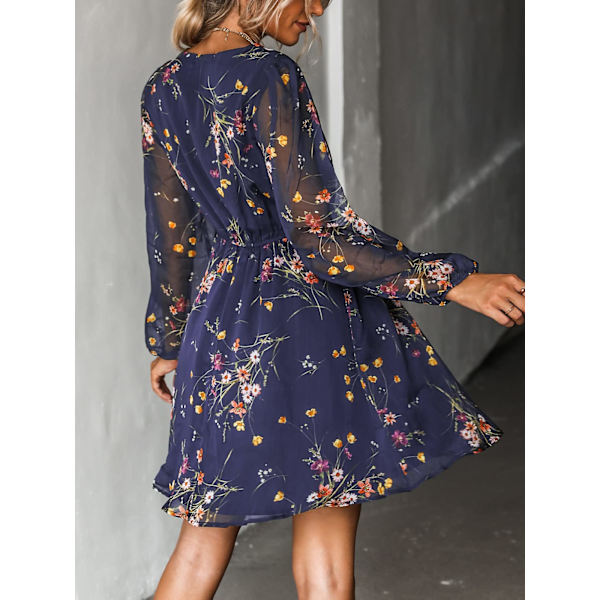 Kvinde Floral Chiffon A-Linje Mini Kjole Bonde Langærmet Stretch Efterår Kjole