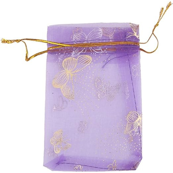 Noin 100 kpl organza-pussia, joissa nyöri, häälahjoihin, 9 x 12 cm (perhoskuvio), violetti