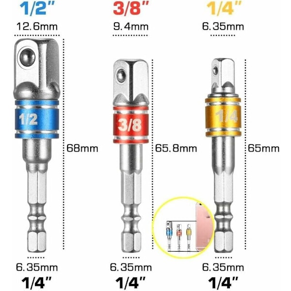 105° vinkelskruvdragaradapter (1/4\" sexkantigt fäste) och 3 hylsadaptrar för sladdlös skruvdragare, hylsadapter (1/4, 3/8, 1/2\").