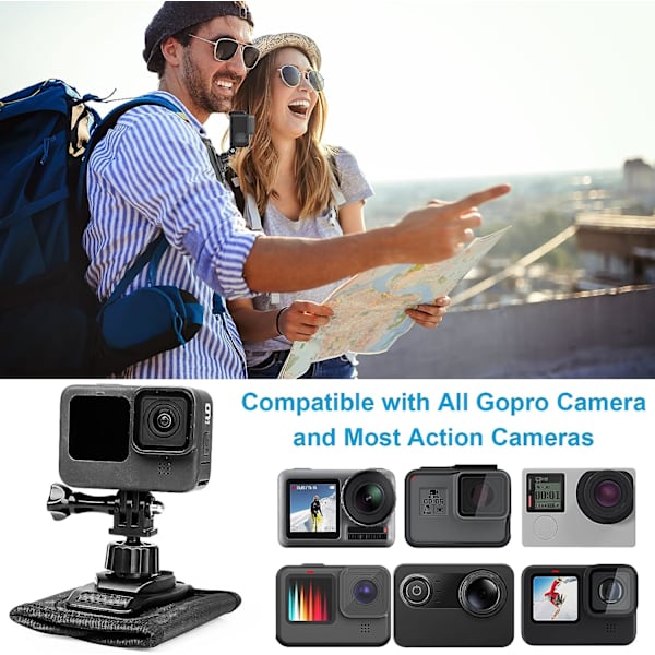 Repun selkäreppuhihnan kiinnitys, yhteensopiva Gopro Hero 11 / 10 / 9 / 8 / 7 / 6 insta360 -kameran kanssa, reppu 360° kääntyvä kiinnitys